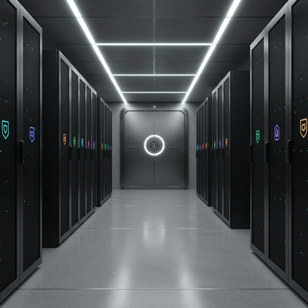 A secure, high-tech data vault interior rendered in photographic realism, with tall, matte-black server racks lining both sides of a long corridor. Each rack door features softly glowing, minimalist brand symbols in different colors, indicating protected intellectual property. Cool, controlled LED strip lighting runs along the ceiling and floor, casting linear reflections on a polished concrete path that leads toward a solid, closed titanium door at the far end. The mood is confident, guarded, and highly professional. Captured at eye level with strong leading lines and deep focus, the composition emphasizes reliability, security, and the invisible infrastructure safeguarding strategic assets for a network of brands and partners.