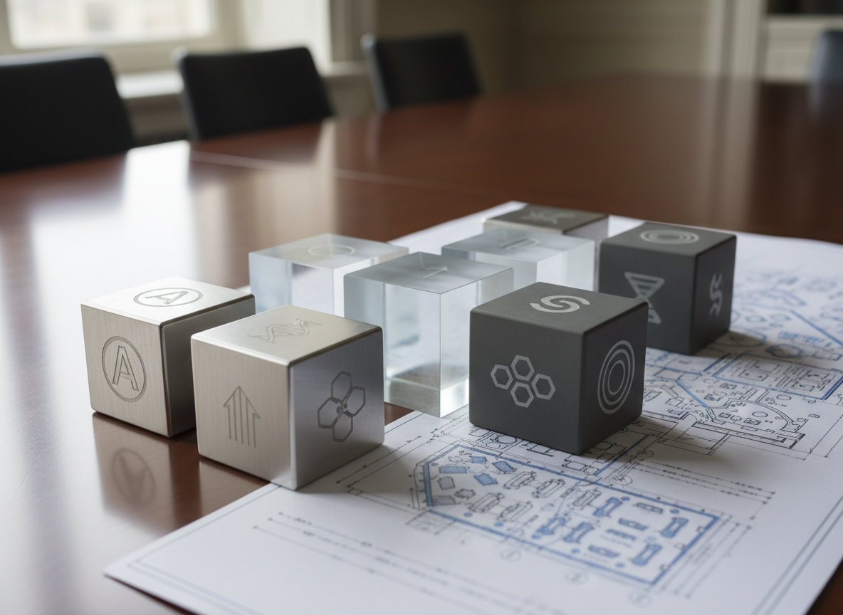 A close-up, photographic-realistic shot of a polished dark-wood boardroom table supporting a precise arrangement of branded cube-like blocks made of brushed metal, frosted glass, and matte ceramic, each engraved with different minimalist logos. A large architectural blueprint of an interconnected campus lies beneath them, partially visible. Soft, diffused daylight from an unseen window to the left creates gentle highlights on the metallic edges and faint reflections on the tabletop. The atmosphere is analytical and composed, emphasizing planning and control. Shot from a slightly elevated, three-quarter angle with shallow depth of field that keeps the nearest blocks tack sharp while the far edge of the table falls into a subtle bokeh, suggesting strategic oversight of a broad brand portfolio.
