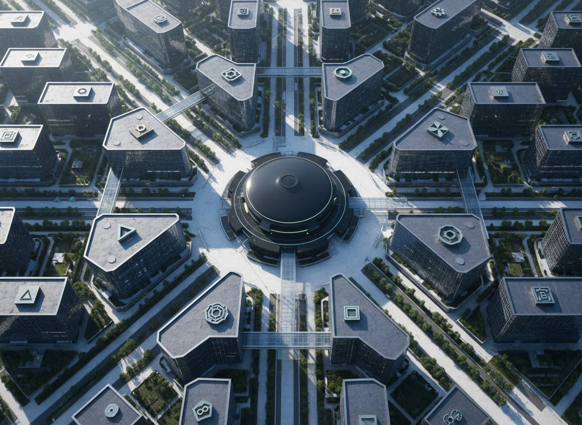 An abstract aerial view of a meticulously organized city-sized campus of sleek glass-and-steel office buildings, each rooftop embossed with distinct geometric brand icons, symbolizing a diverse portfolio. The complex is arranged around a central, slightly elevated, matte-black command hub that appears as the structural anchor. Early morning natural light creates crisp reflections on the glass facades and long, orderly shadows across clean plazas. The mood is professional, stable, and strategic. Captured in photographic realism from a high bird’s-eye perspective with sharp focus throughout, the composition uses subtle leading lines from roads and walkways to draw the eye toward the central hub, conveying structure, governance, and cohesion across multiple brands.